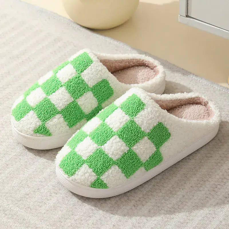 Winter Checkerboard Cotton Slippers – Indoor Comfort for Men & Women