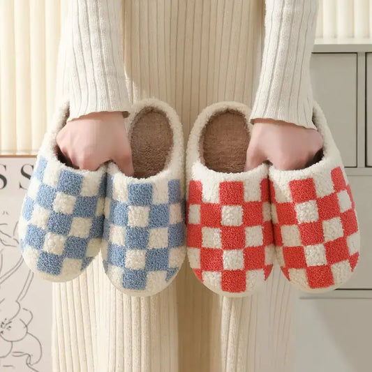 Winter Checkerboard Cotton Slippers – Indoor Comfort for Men & Women