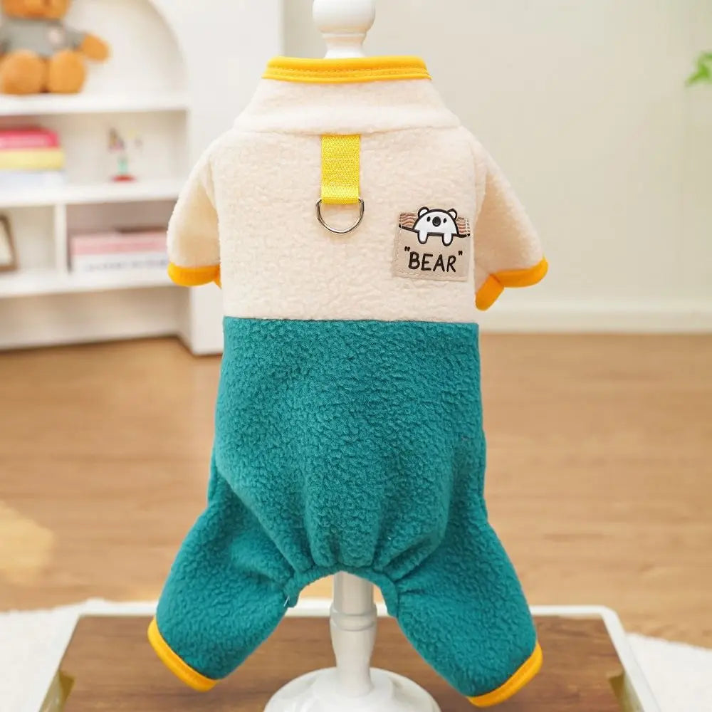 Warm Dog Jumpsuit – Polar Fleece Four-Legged Pants with Stand Collar, Cartoon Bear Pattern, D-Ring Puppy Harness Coat