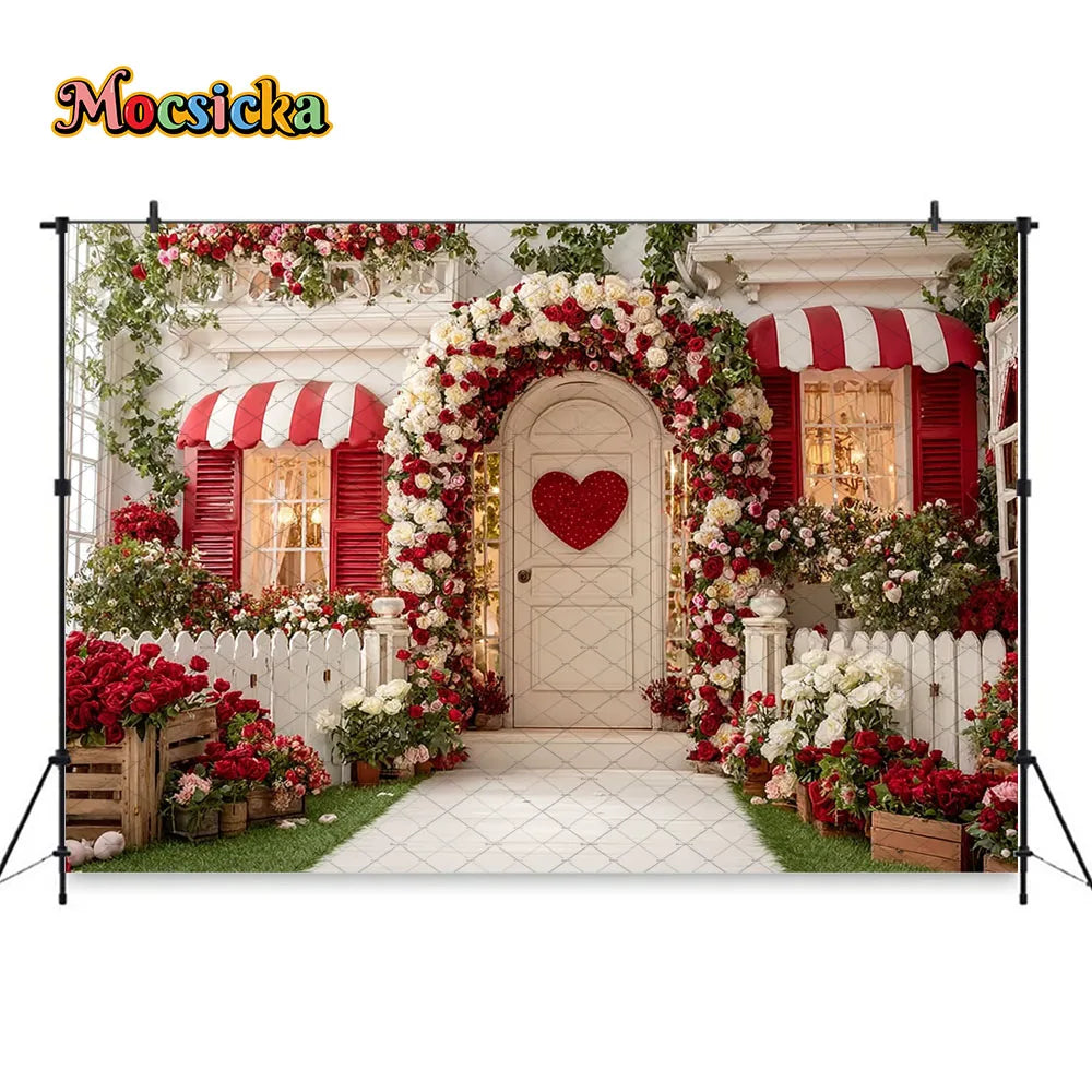 Mocsicka Valentines Day Flower Shop Backdrop Photography Red White Striped Floral Garden Background Kid Photo Shoot Studio Decor