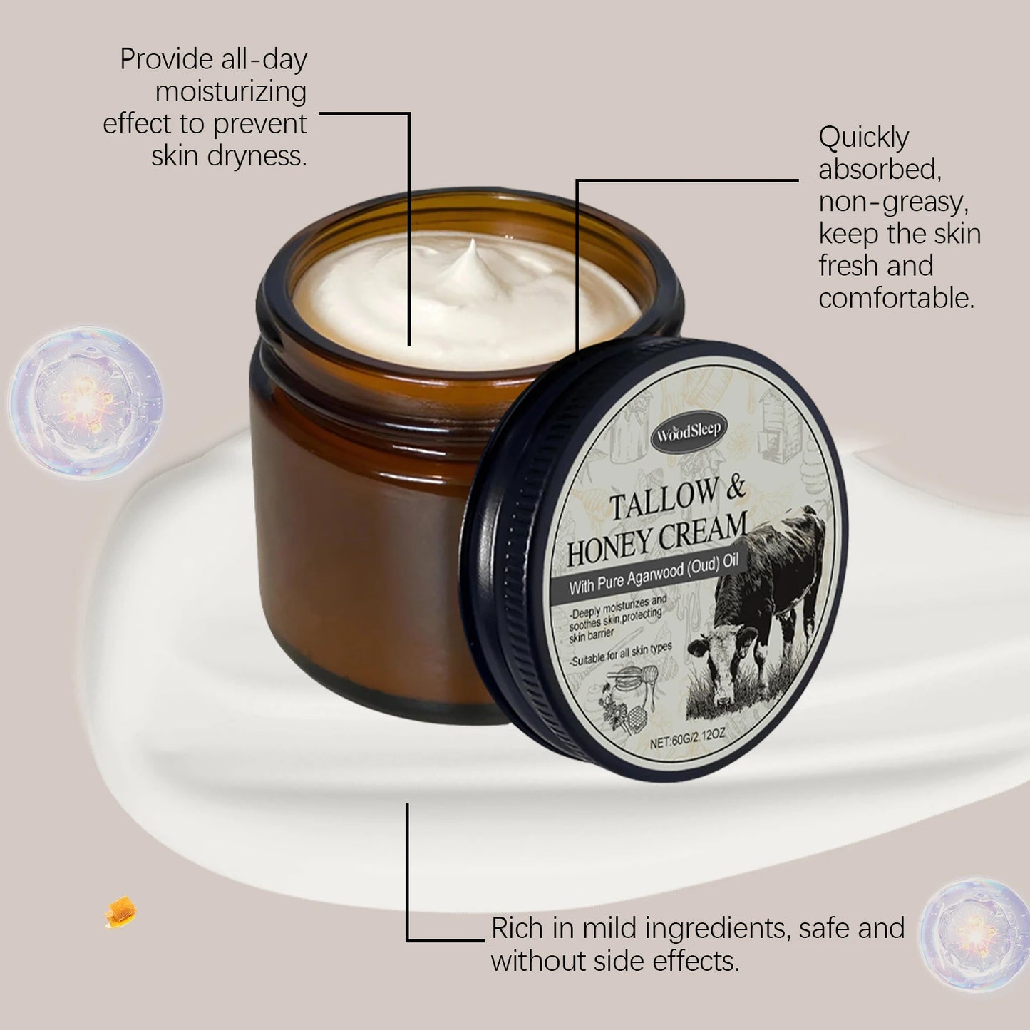 Beef Tallow Cream for Dry Damaged Skin Nourishing Body Balm Reduce Redness Anti Puffiness Firming Lifting Moisturizing Face Care