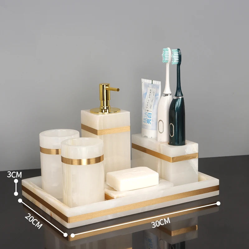 White Onyx Natural Marble Bathroom Accessories Gold Luxury Soap Dispenser Cotton Swab Holder Toothbrush Holder Bathroom Set