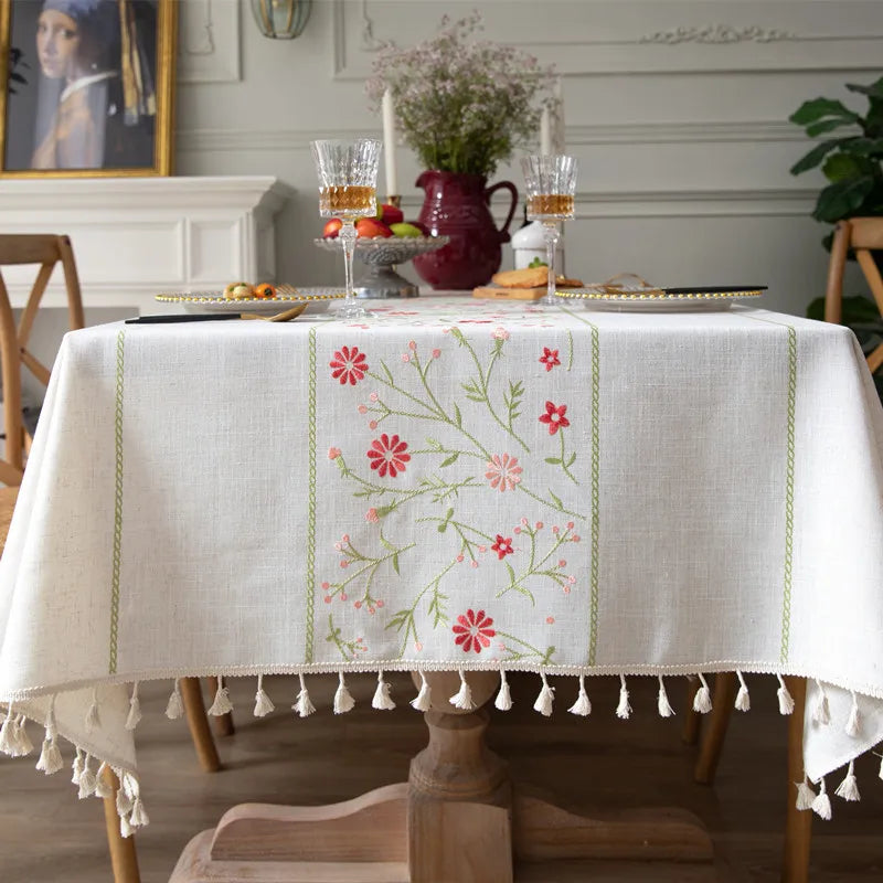 Korean Style Daisy Tassels Cotton Floral Table Cloth