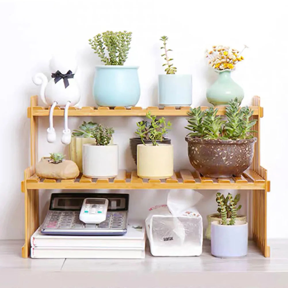 2 Tier Decorative Tabletop Wood Plant Stand Display Shelf For Home Office Tidy Storage Organiser