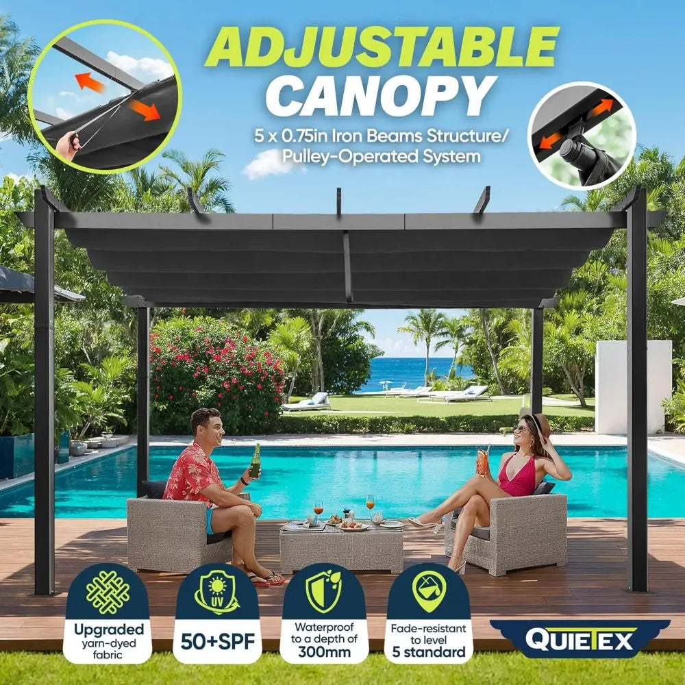 10' X 13' Outdoor Retractable Pergola with Sun Shade Canopy Patio Modern Shelter for Garden Yard Deck Grape Trellis, Grey