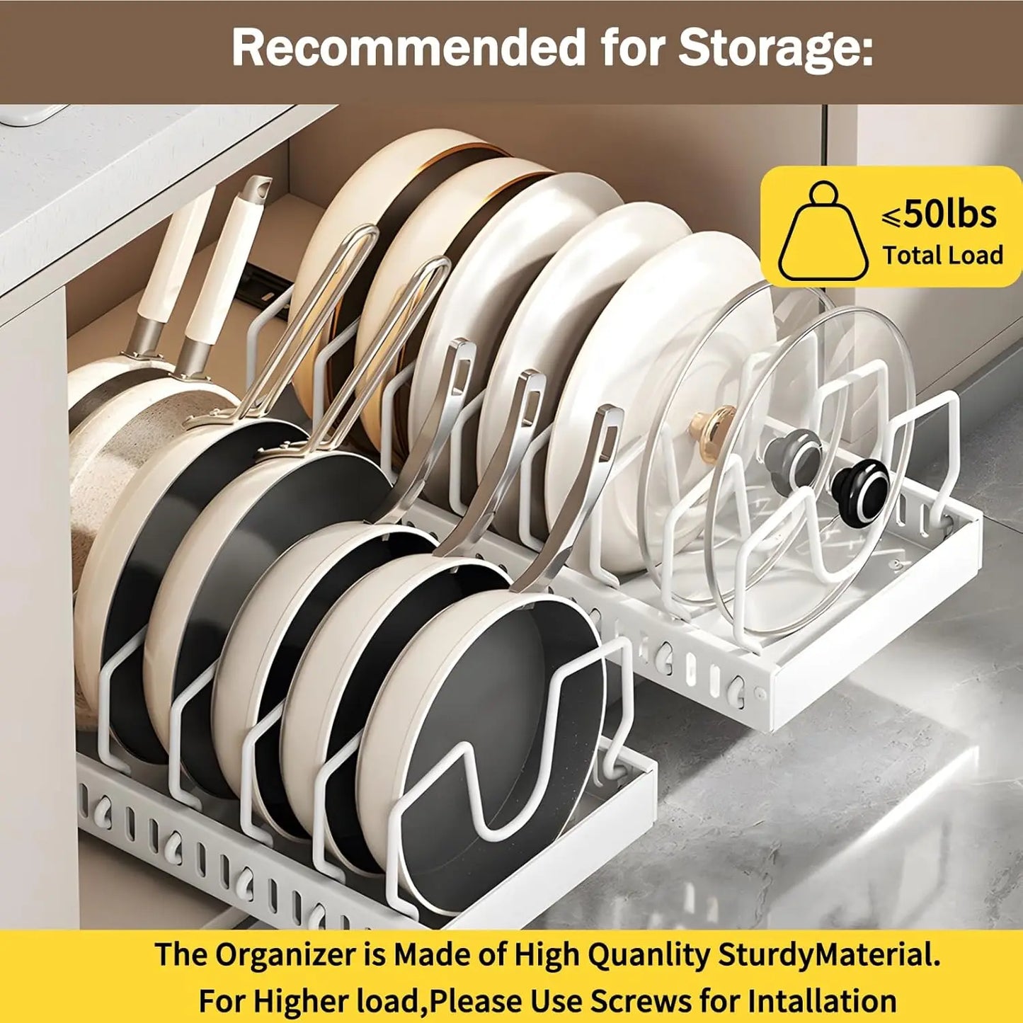 Pull Out Pots Pans Organiser for Under Cabinet Pull Out Cabinet Organiser Storage Pot Lid Organiser holder Adjustable Dividers