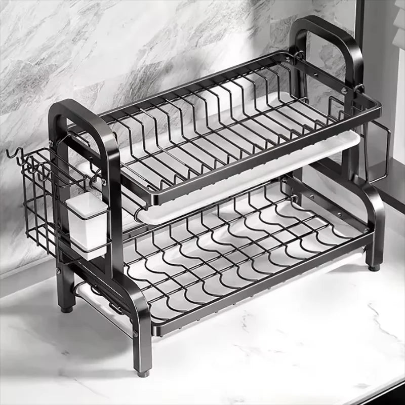 Dish Drying Rack Stainless Steel 2-tier Compact Kitchen Dish Rack Drainboard Large Rust-proof Dish Drainer With Utensil Holder