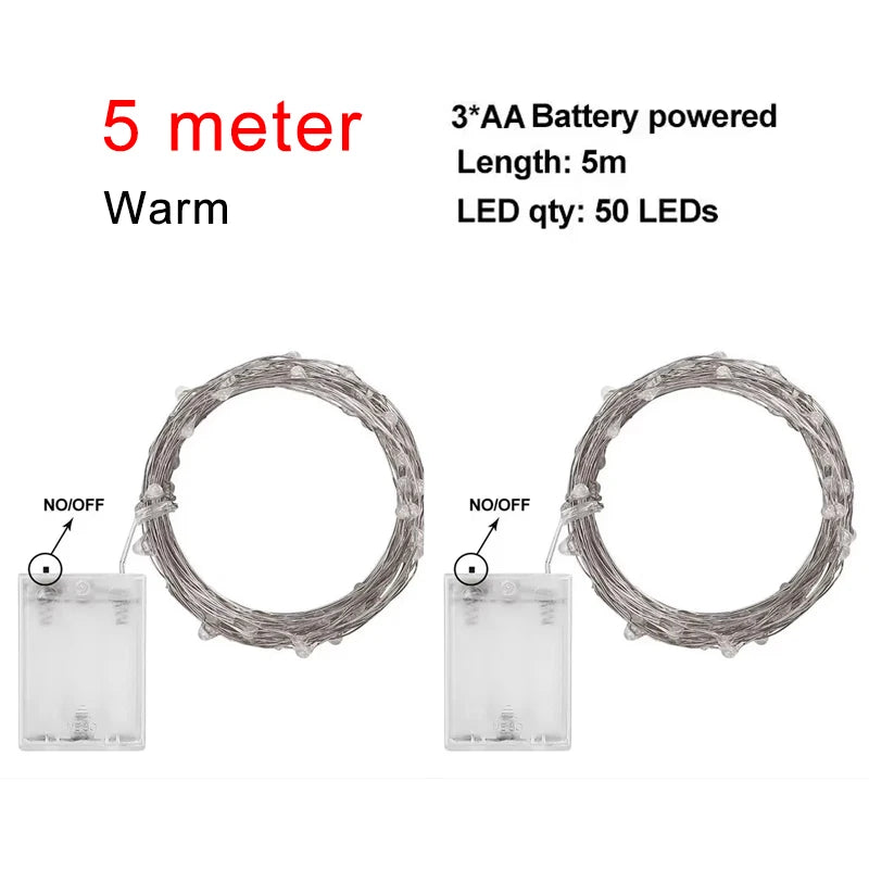 2/5/10M LED Copper Wire Light String Fairy Garland Battery Powered Garden Bedroom Party Wedding Christmas New Year Ornament