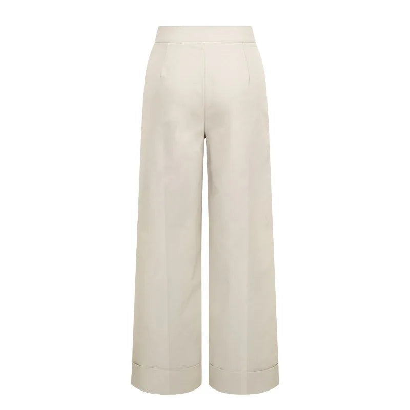 Women's Solid Color High Waist Wide Leg Pants Cuffed Hem Button Closure Pockets Design Office Work & Casual Streetwear Outfit