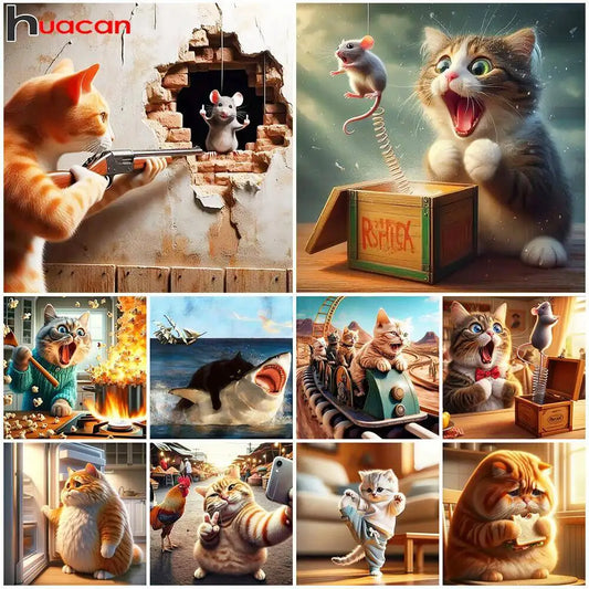 Huacan New Diamond Painting Cartoon Cat Full Diamond Mosaic Animal Complete Kit Diy Handmade Gift Funny Home Decor