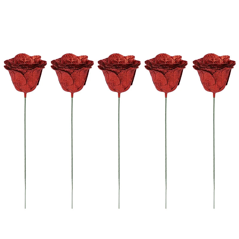 5-20Pcs Red Glitter Artificial Rose Flowers Bouquet Wedding Bridal Shower Decoration Valentines Day Gift Birthday Party Decor