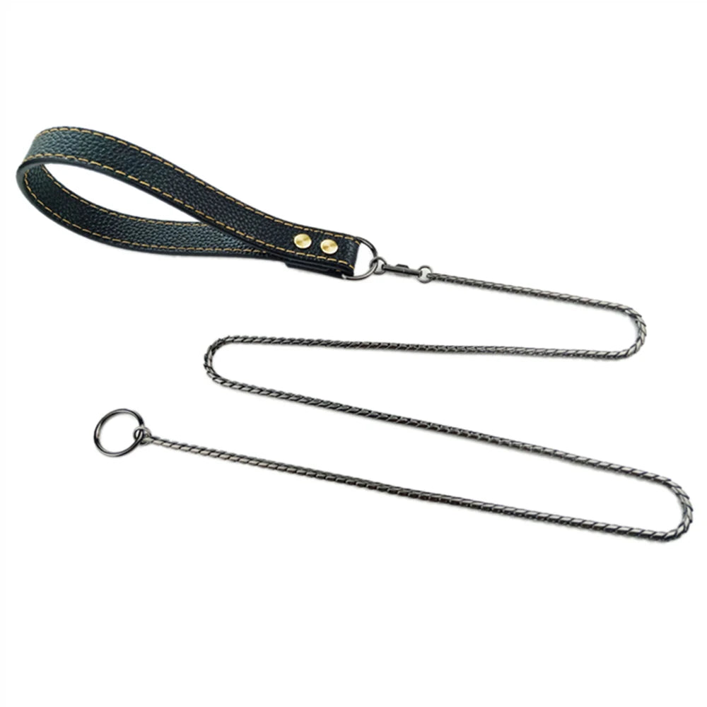 Integrated Dog Slip Chain Collar Leash 3Integrated Dog Slip Chain Collar & Leash – 304 Stainless Steel Choke Collar with Leather Handle for Training and Show04 Stainless Steel Dog Metal Choke Collar Pet Training Leash Show with Leather Handle