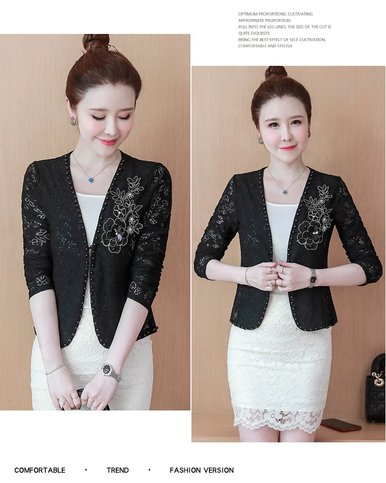 Short Lace  Long Sleeve Embroidery Cardigan