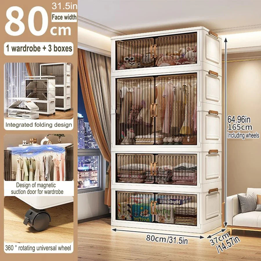 70-80cm Multifunction Folding Storage Cabinet | Dustproof Foldable Wardrobe & Closet Organiser | Heavy-Duty Household Sundries Locker Storage Box