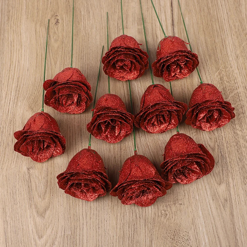 5-20Pcs Red Glitter Artificial Rose Flowers Bouquet Wedding Bridal Shower Decoration Valentines Day Gift Birthday Party Decor