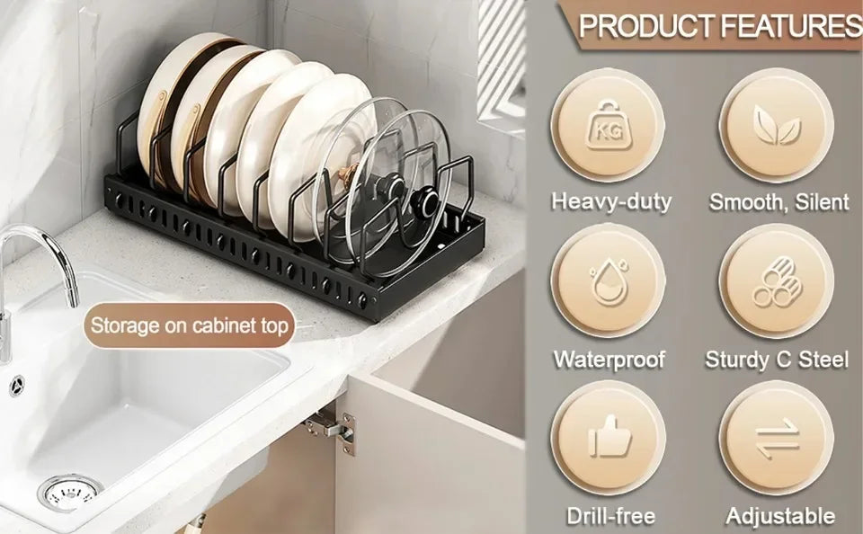 Kitchen Cabinet Pull Out Tray Organiser Adjustable Dish Rack with Slide Rails for Pots and Pans Storage