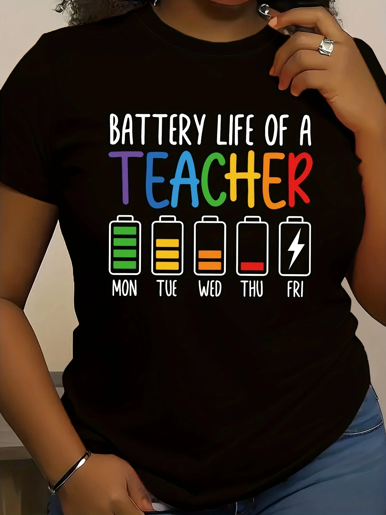 "Battery Life of a Teacher" Graphic T-Shirt for Women - Regular Length Polyester Material Knit Fabric Casual Style All Seasons