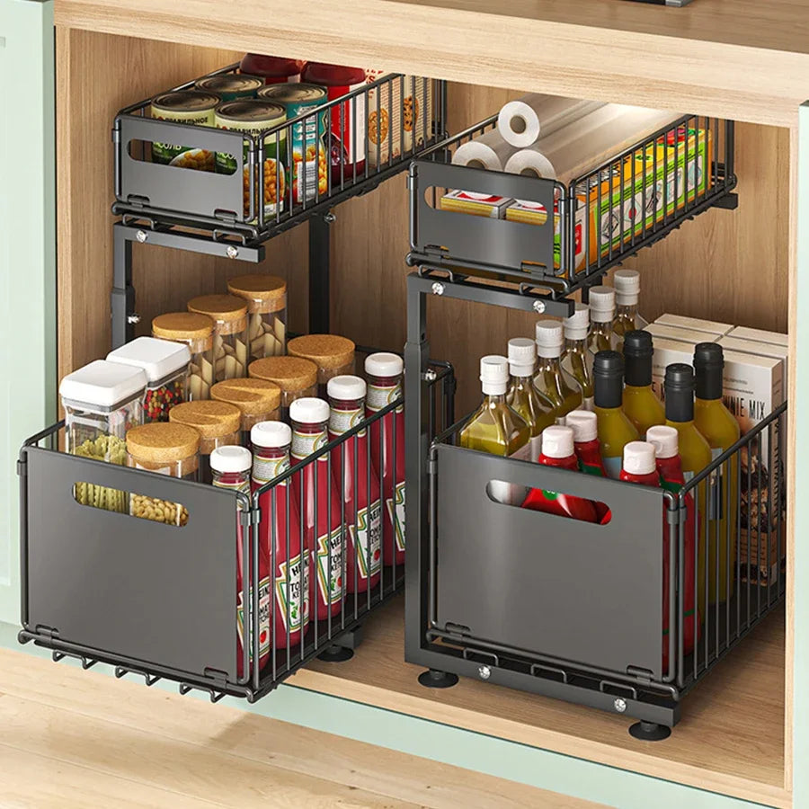 Pull-Out Under Sink Organiser, 2-Tier Adjustable Height Sliding Shelf for Kitchen/Bathroom Cabinet Storage, Black & White