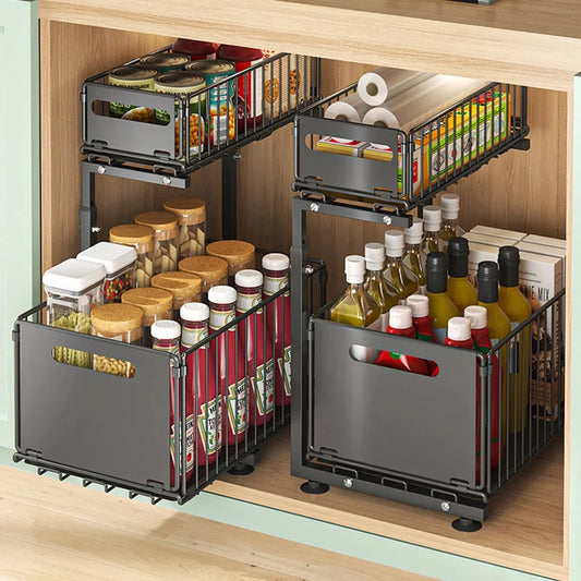 Pull-Out Under Sink Organiser, 2-Tier Adjustable Height Sliding Shelf for Kitchen/Bathroom Cabinet Storage, Black & White