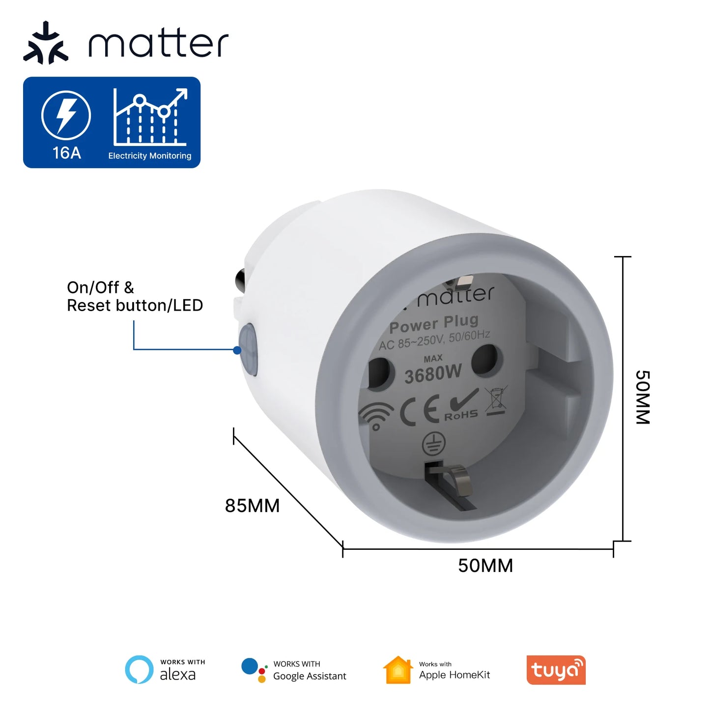 MOES Smart EU/US/UK Plug Matter WiFi Socket 15/16A Timer Outlet Power