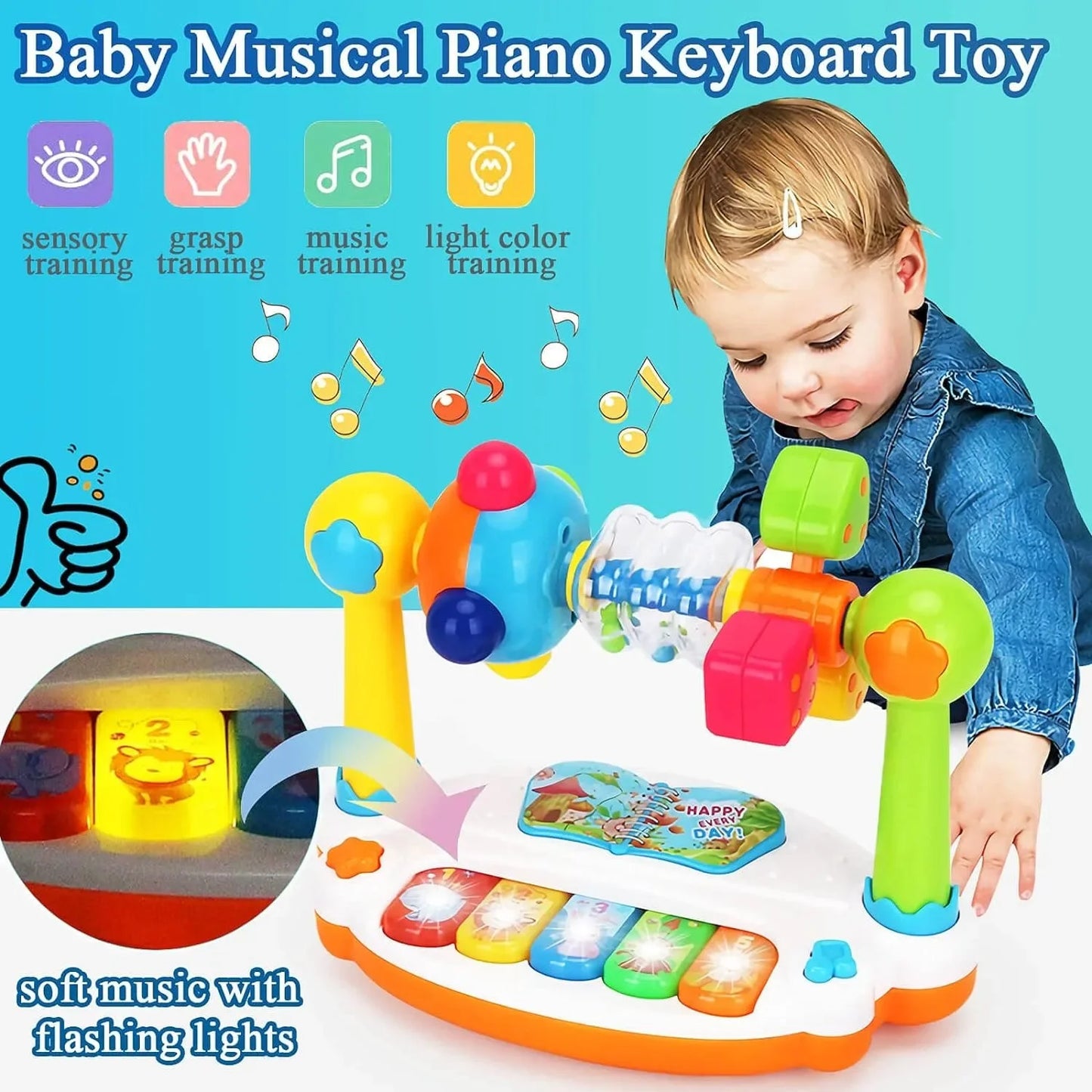 Baby Piano Toys Kids Rotating Music Keyboard Light Sound, Musical Toy for Toddlers, Early Educational Music Toy Gift Random Color