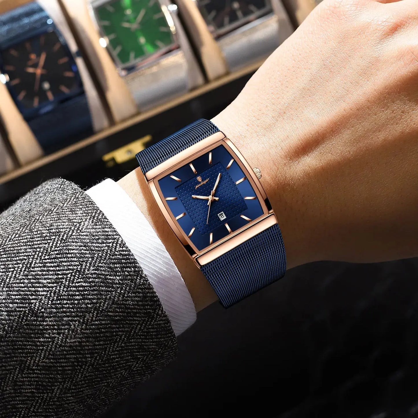 POEDAGAR Top Original Men Watch Waterproof Luminous Date Rectangle Man Wristwatch Mesh Stainless Steel Men's Quartz Watches Male