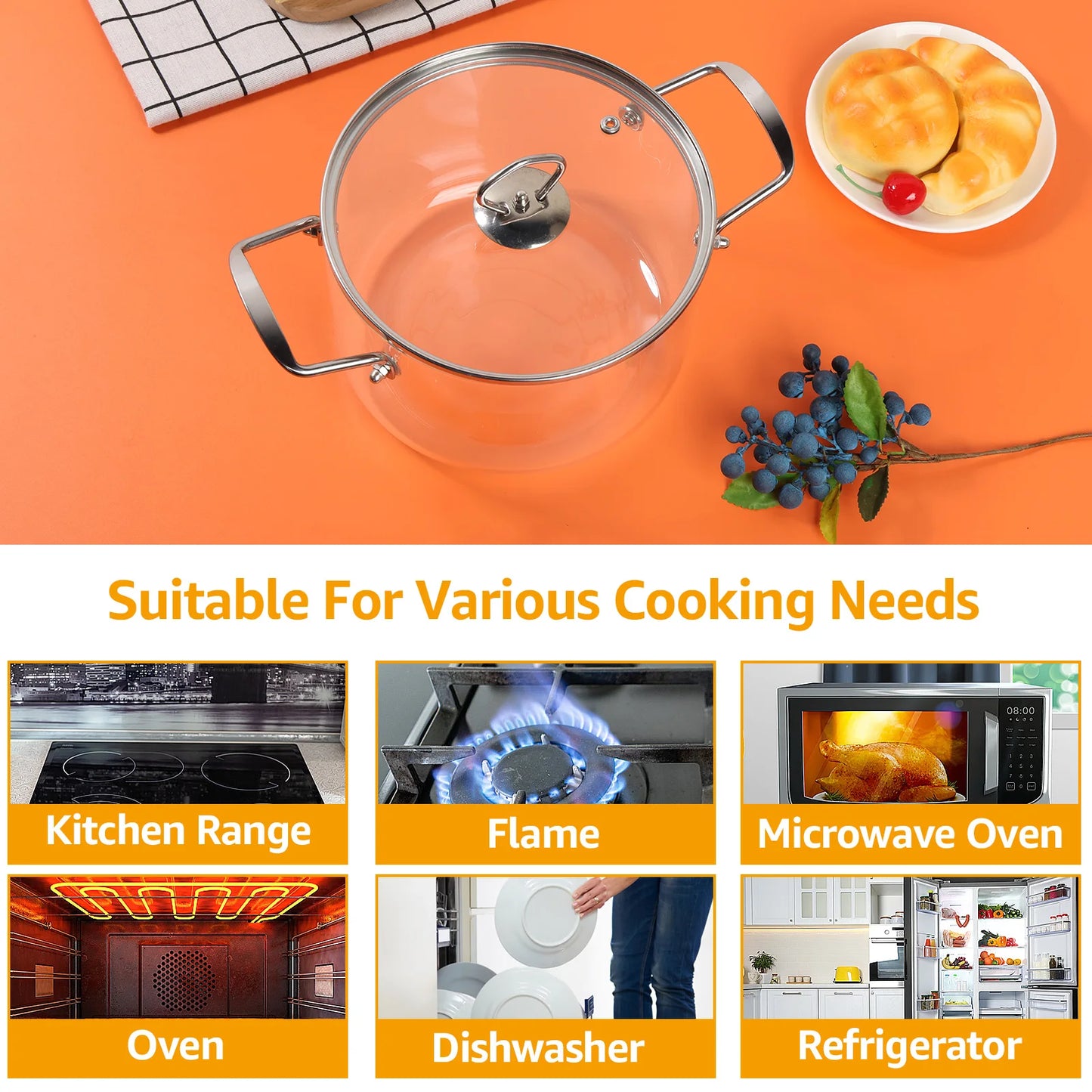Clear Glass  Cooking Saucepan Pot with Lid Heat Resistant Glass