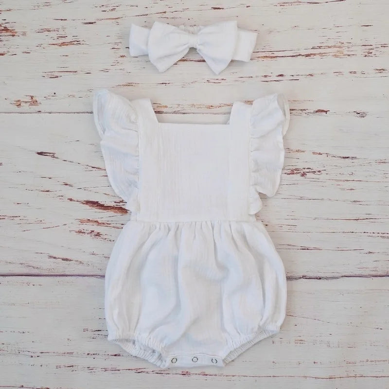 Organic Cotton Baby Girl Clothes Summer New Double Gauze Kids Ruffle Romper Jumpsuit Headband Dusty Pink Playsuit For Newborn 3M
