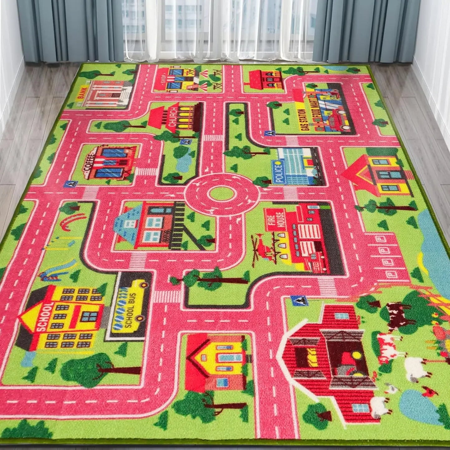 VIKAMA Children'S Educational Play Mat Non-Slip Urban Road Traffic Design Suitable For Offices, Children's Rooms, And Home Decor
