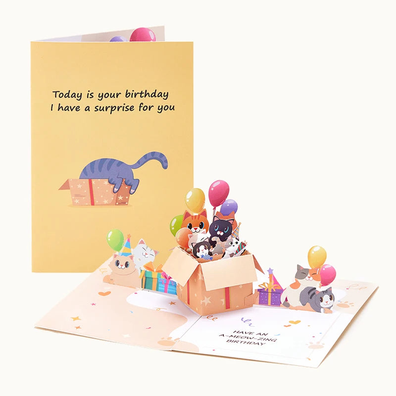 Cats Pop-up Entertaining Greeting Card Cute Docile Kittens Birthday Card With Envelope Creative Celebration Birthday Gifts