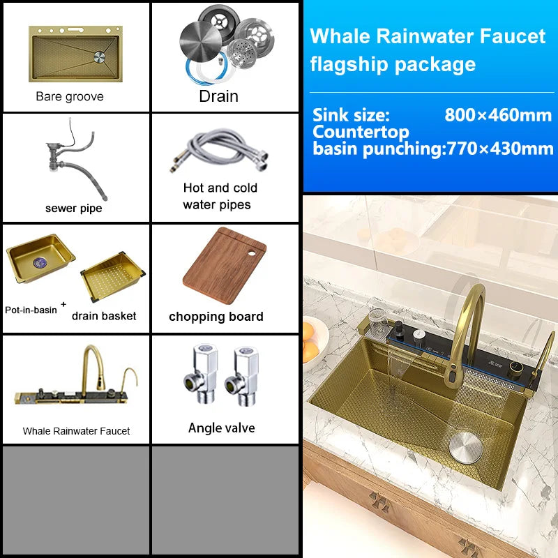 Kitchen Sink Stainless Steel Waterfall Sinks Extra Large Single Slot with Digital Display Faucet Set For kitchen