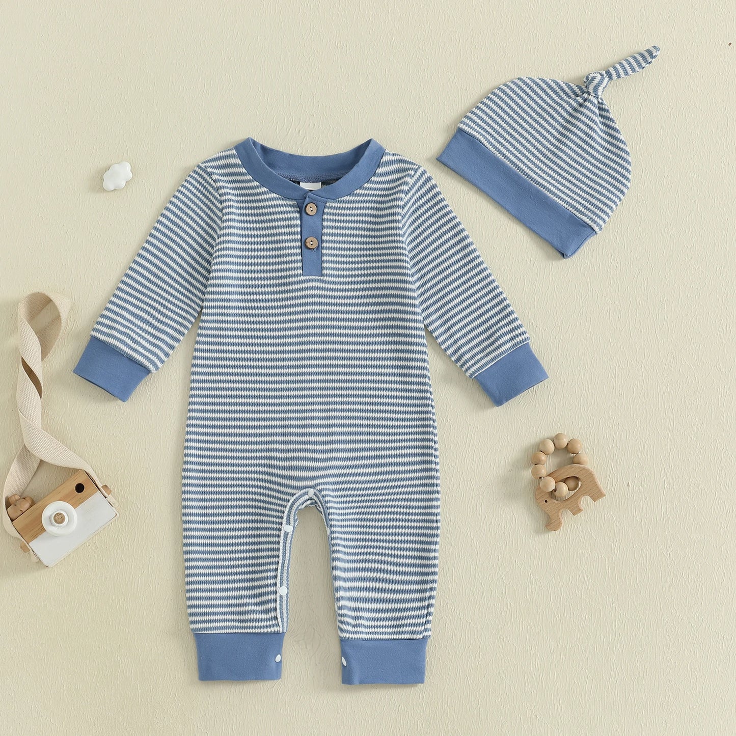 Toddler Boy Autumn Outfit Set Long Sleeve Striped Romper with Matching Hat for Baby Boys 2 Piece Jumpsuit Ensemble