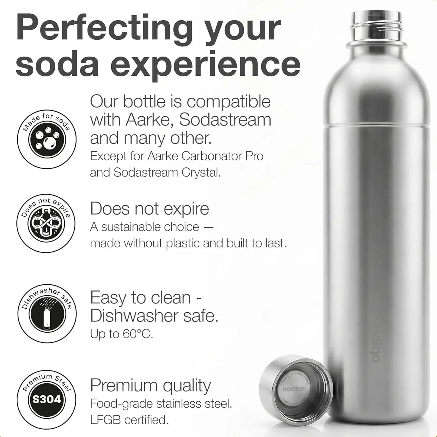 1L Stainless Steel Carbonating Bottle| Compatible with Aarke Carbonator 3, SodaStream Duo & Plastic