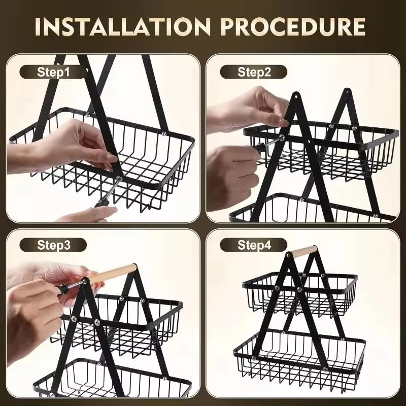 2-3 Tiers Countertop Fruit Basket Portable Iron Art Kitchen Organiser for Fruits Bread Snacks Storage Rack