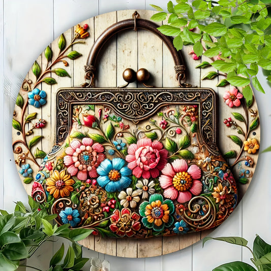 Vintage Floral Aluminum Wall Art - Embossed Handbag Design for Home, Cafe, Restaurant Decor - Durable Metal Sign