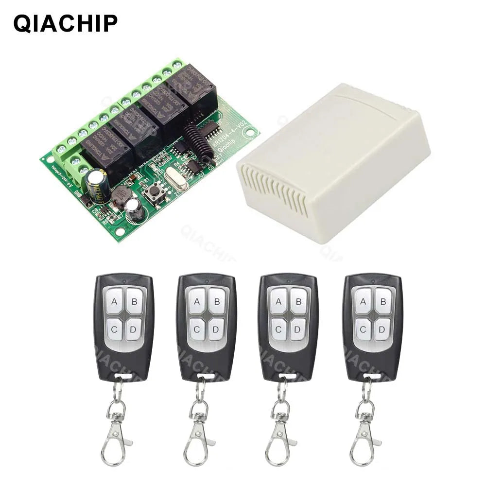 QIACHIP 4CH 433.92MHz Relay Module – DC 5V/12V/24V/48V 10A Wireless Remote Control Switch for EV1527, DC Motor DIY