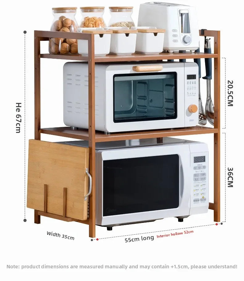 Kitchen Shelf Countertop Double Microwave Oven Shelf Desktop Seasoning Oven Storage Rack Bamboo Solid Wood