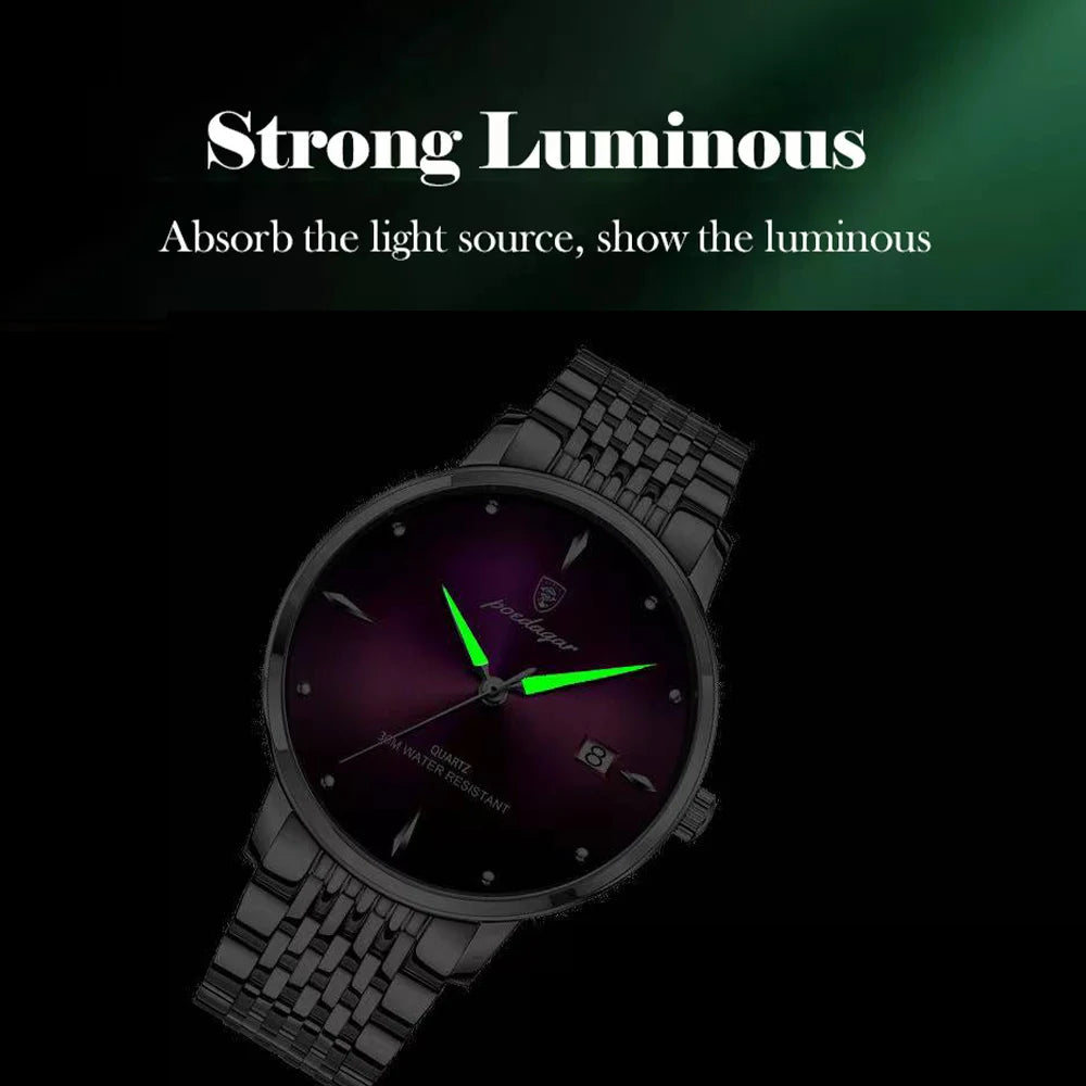 POEDAGAR Business quartz men's watch stainless steel waterproof night light date men's watch luxury casual simple men's watch