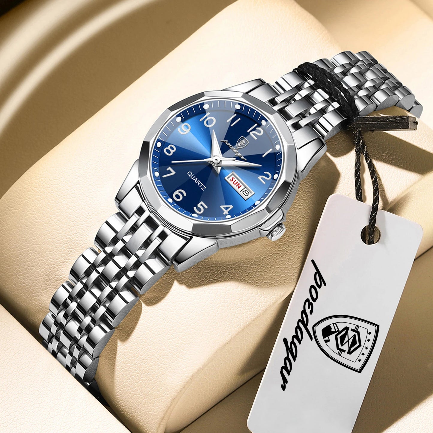 POEDAGAR Top Fashion Watches For Couple Waterproof Date Week Couple's Watches Quartz Stainless Steel Couple Watch Lovers Set+Box