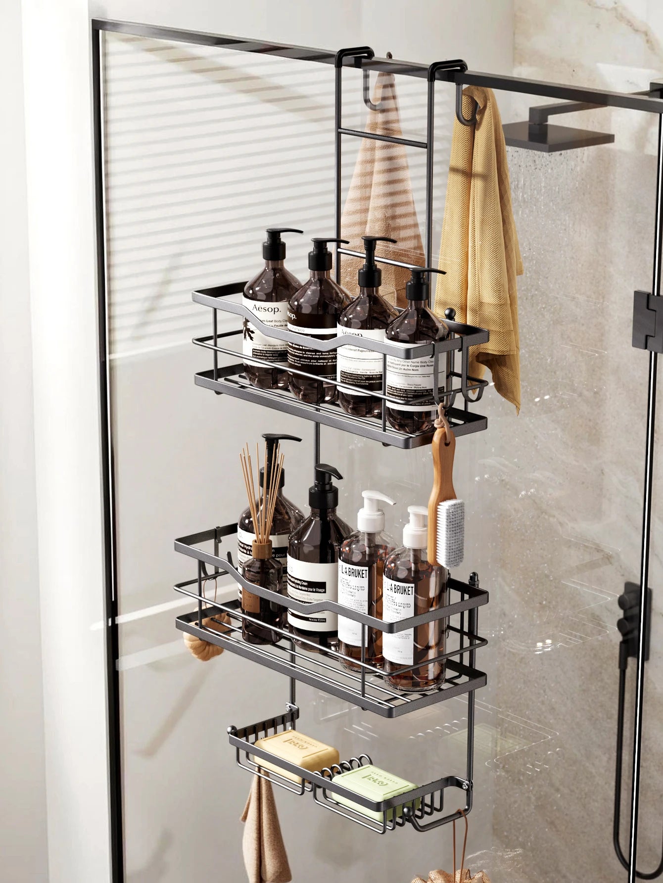 3-tier hanging shower caddy, large capacity hanging shower caddy, with 2 soap dishes
