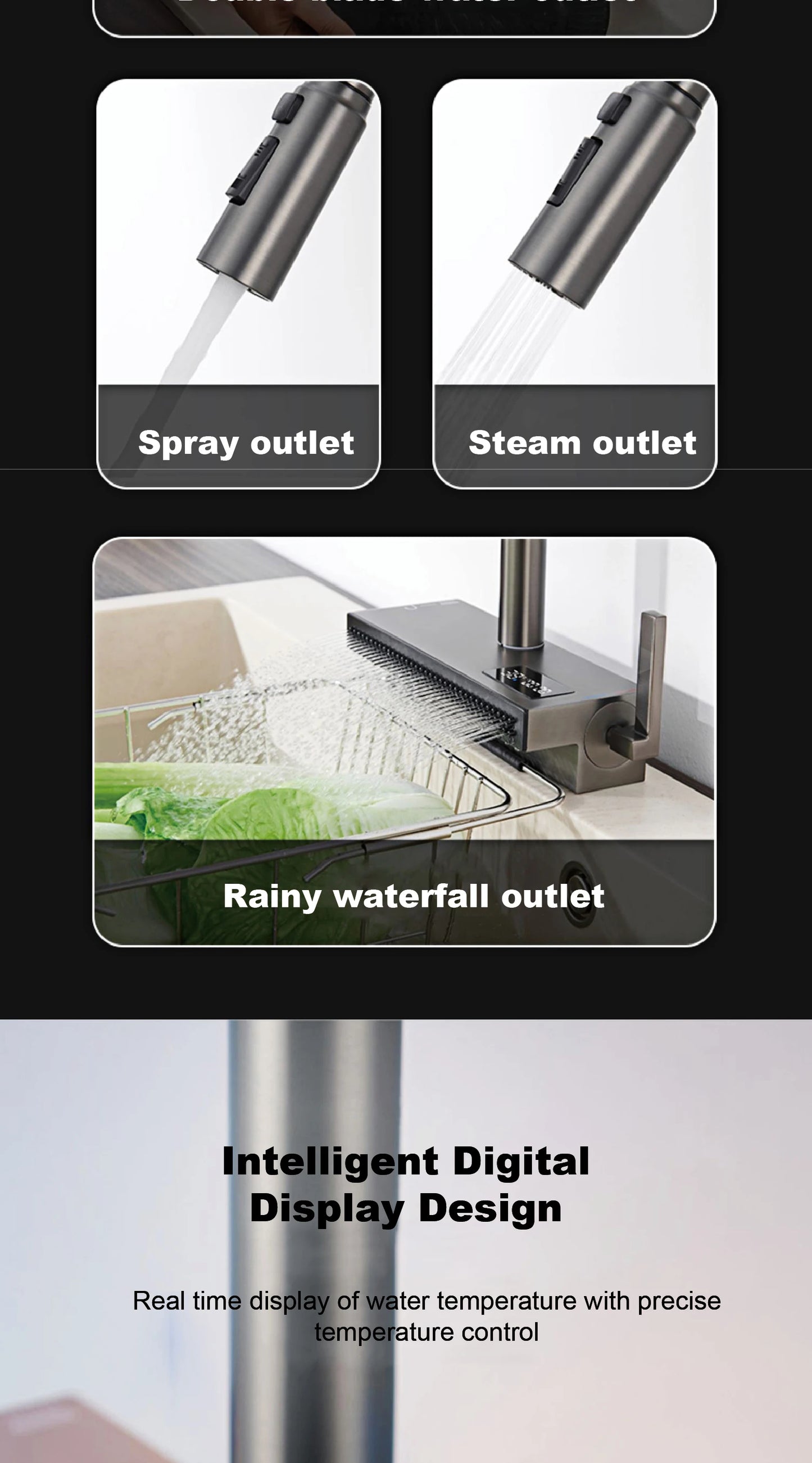 Gun Gray Brass Kitchen Sink Faucet Pull Out Sprayer Hot Cold Mixer Tap LED Digital Display Multifunction 360°Swivel Luxury Crane