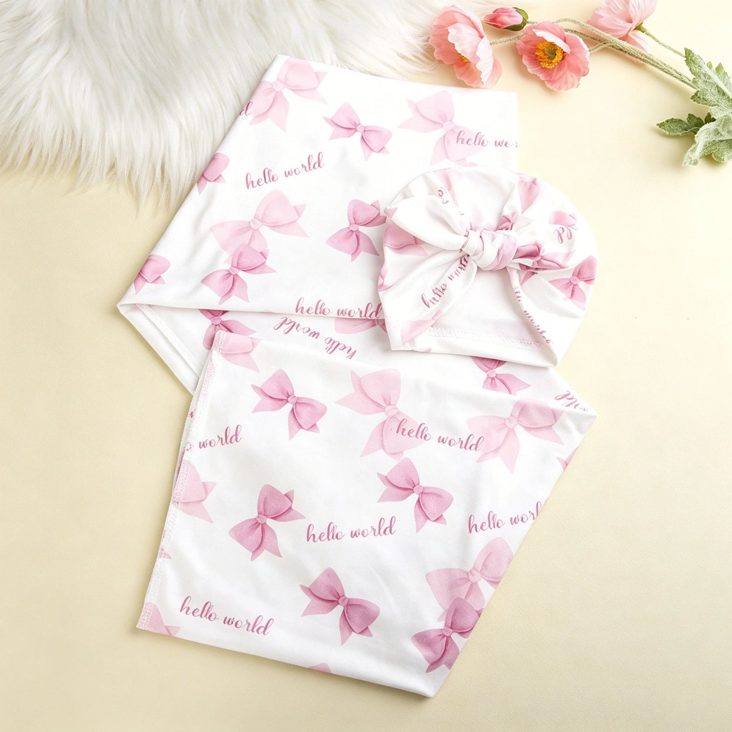 Ylsteed Newborn Photography Receive Blanket Newborn Bow Print Swaddle Blanket with Hat Bedding Infant Bath Towel Baby Items-HD