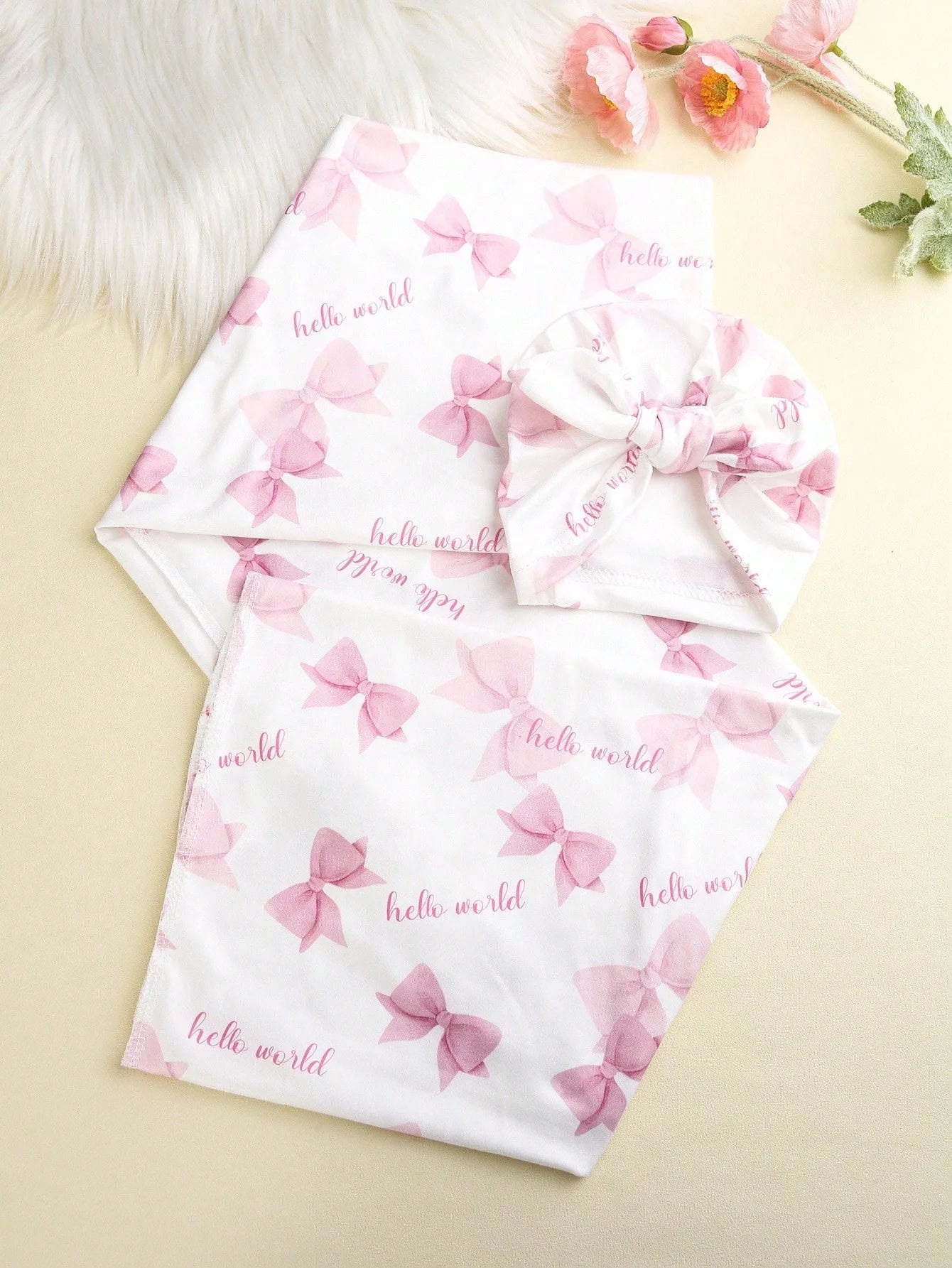 Ylsteed Newborn Photography Receive Blanket Newborn Bow Print Swaddle Blanket with Hat Bedding Infant Bath Towel Baby Items-HD