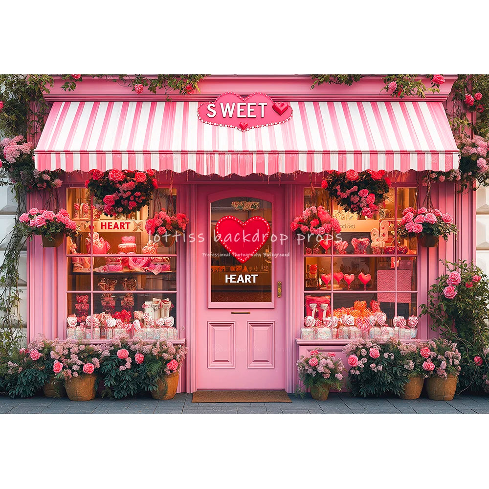 Romantic Cafe Front With Rose Backdrops Kids Baby Photography Child Photocall Sweet Heart Pink Floral Stores Backgrounds