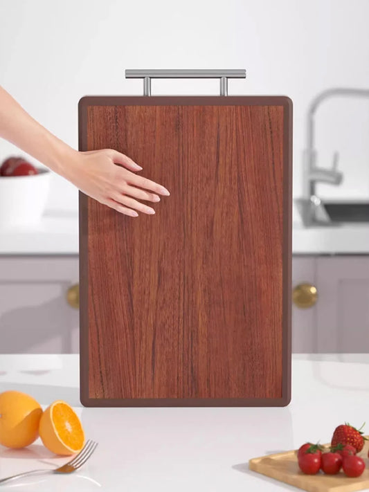 Heavy Duty Wooden Cutting Board with Mold-Proof Edge, Double-Sided Butcher Block with Metal Handle, 90-Day Dried Solid Wood