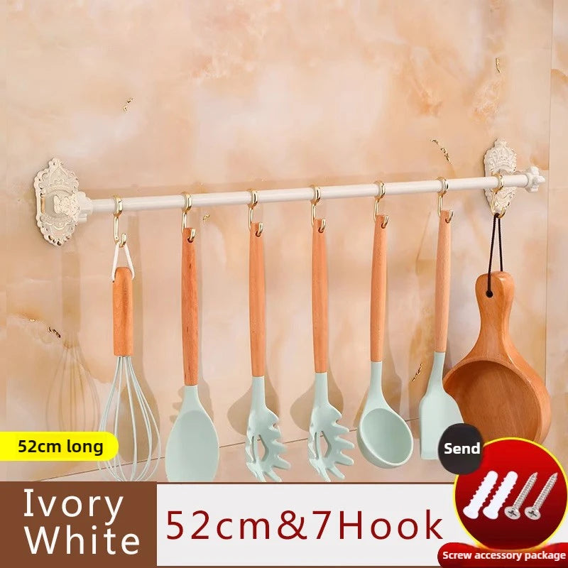 Wall Mounted Kitchen Storage Rack Shelves with Movable Hook Spoon Holder Organiser Kitchen Utensil Accessories Kitchen Tools