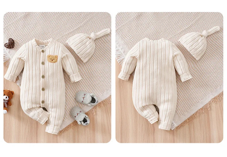 Winter Baby Toddler Onesie+Hats Button Bear Warmth Lovely 0-18 Months Newborn Knitted Romper Round Neck Soft Minimalist Casual