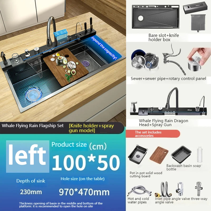 Stainless Steel Kitchen Sink With Waterfall Extra Large Single Bowl Digital Display Multifunctional Dishwashing Sinks