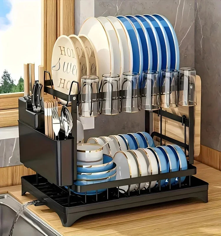 Black 2 Tier Dish Drying Rack Multifunctional Kitchen Bowl Dish Drain Rack Complete Set for Tableware Cutlery Cup Storage