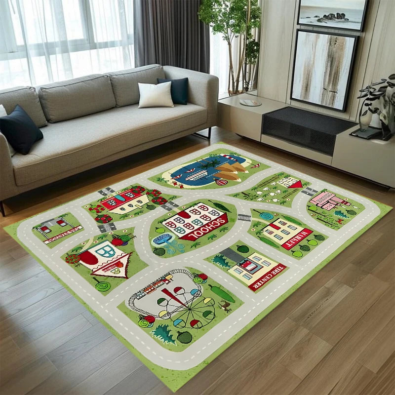 Pink Amusement Park Kids Play Rug, Interactive Town Road Track Carpet, Non-Slip Washable Play Mat for Toddler Bedroom  Carpet
